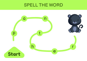 Maze for kids. Spelling word game template. Learn to read word panther, printable worksheet. Activity page for study English. Educational activity for development of children. Vector illustration.