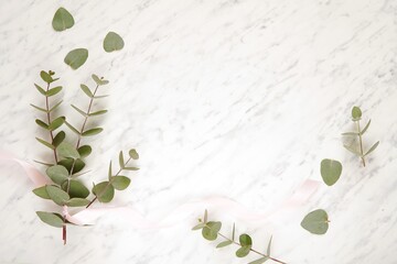 Marble background with pink ribbon and eucalyptus branches, copy space, for text, artwork, product display.