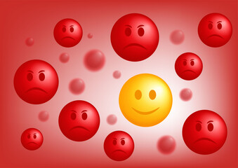 One funny smiley face. Evil smileys surrounded by a cheerful smile. Emotions and feelings.
Stock vector.