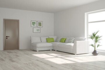 White stylish minimalist room with sofa. Scandinavian interior design. 3D illustration