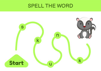 Maze for kids. Spelling word game template. Learn to read word skunk, printable worksheet. Activity page for study English. Educational activity for development of children. Vector stock illustration.