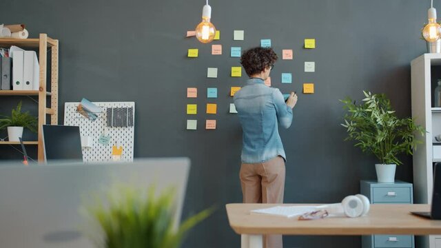Creative person is sticking bright sticky notes on wall in office and writing memos working alone busy with activity. Job, mind map and brainstorming concept.