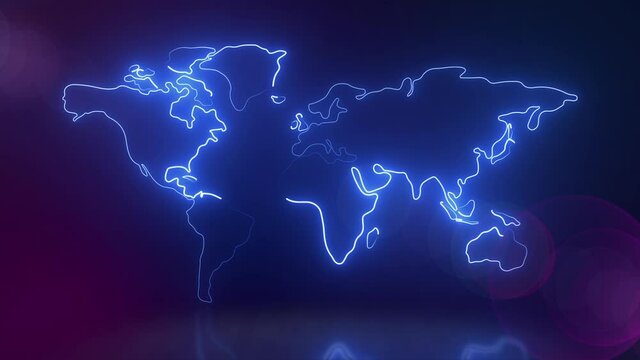 Abstract world map outline Glowing Neon lights animated background