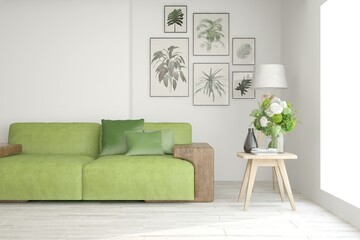 White stylish minimalist room with sofa. Scandinavian interior design. 3D illustration