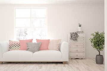 White stylish minimalist room with sofa. Scandinavian interior design. 3D illustration