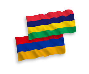 National vector fabric wave flags of Mauritius and Armenia isolated on white background. 1 to 2 proportion.