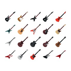 collection of electric guitars and classical guitars