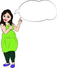 amazing beautiful fat young woman pointing to a blank thought bubble empty template put your product service marketing text logo company info or anything else