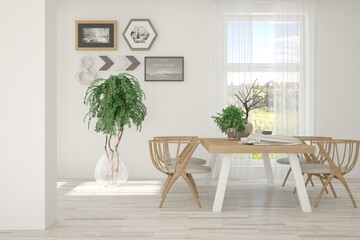 White stylish minimalist kitchen with sofa and summer landscape in window. Scandinavian interior design. 3D illustration