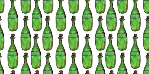 Seamless pattern made of colorful wine bottles with corks. Green and blue glass bottles of different shapes. Good for textile, food wrapping material, menu,paper and card design.

