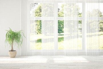 Fototapeta premium White stylish empty room with summer landscape in window. Scandinavian interior design. 3D illustration