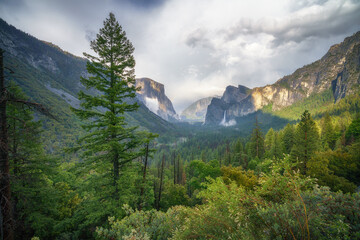 rainbow at the tunnel view in yosemite national park in california, usa