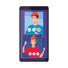 men with party hat and wine cup on smartphone design, Happy birthday and video chat theme Vector illustration