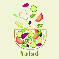 Bowl of fresh vegetable salad, healthy nutrition. Flat style. Vector illustration outlined on a white background.