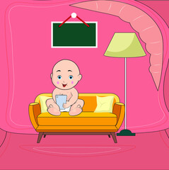 Amazing newborn baby sitting on a coach using working on a smartphone mobile device lamp beside banner sign empty blank hanging on wall inside mother womb