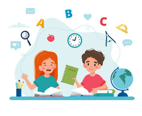 Children in class reading, back to school concept, cute characters. Vector illustration in flat style
