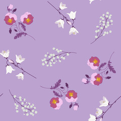 Field bells and pansies on a lilac, seamless background. Vector illustration.