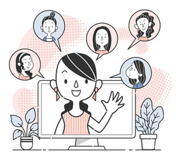 ウェブ会議で話し合う若い女性グループ、チーム