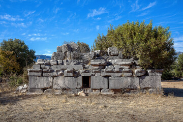 The ancient city of Sidyma from the village of Dodurga, Fethiye, Mugla, in Turkey.