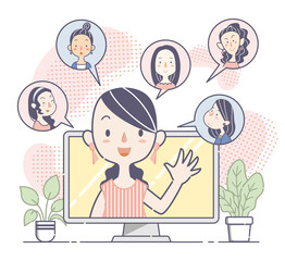 ウェブ会議で話し合う若い女性グループ、チーム