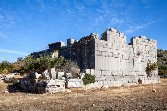 The ancient city of Sidyma from the village of Dodurga, Fethiye, Mugla, in Turkey.
