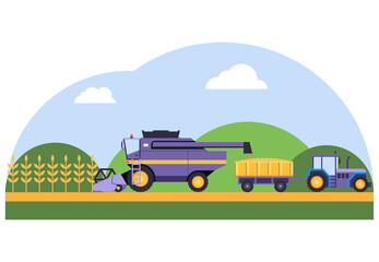 Harvesting. The harvester collects wheat in a tractor trailer. Farm landscape in flat design. Screensaver for the site