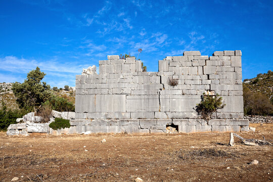 The ancient city of Sidyma from the village of Dodurga, Fethiye, Mugla, in Turkey.