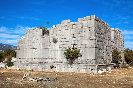 The ancient city of Sidyma from the village of Dodurga, Fethiye, Mugla, in Turkey.