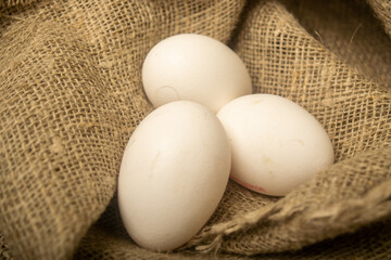 White chicken eggs on a background of homespun fabric with a rough texture. Close up.