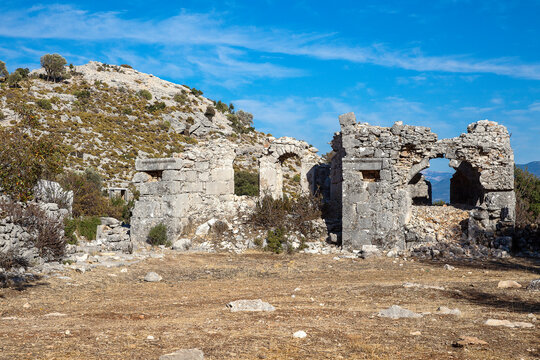 The ancient city of Sidyma from the village of Dodurga, Fethiye, Mugla, in Turkey.
