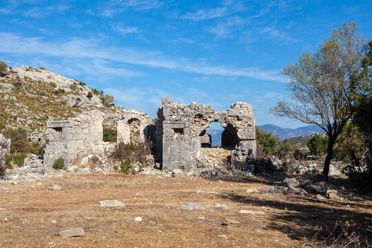 The ancient city of Sidyma from the village of Dodurga, Fethiye, Mugla, in Turkey.