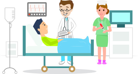 Artwork of a professional doctor visiting a male boy patient in hospital bed laying clinic nurse standing with a syringe full of bold sample ECG EKG heart pulse saline monitor