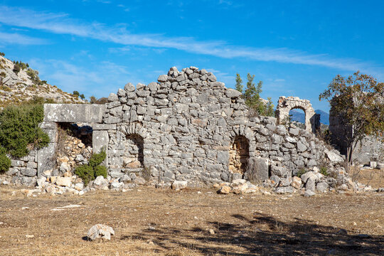 The ancient city of Sidyma from the village of Dodurga, Fethiye, Mugla, in Turkey.