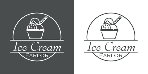 Concepto heladería. Logo lineal con texto Ice Cream Parlor en círculo con vaso con 3 bolas de helado con cobertura de toppings y galleta en fondo gris y fondo blanco	