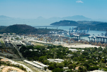 Aerial View Of Panama Industrial Port On The Atlantic Side. Large Harbor Cranes At The Commercial...
