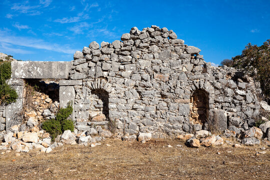 The ancient city of Sidyma from the village of Dodurga, Fethiye, Mugla, in Turkey.