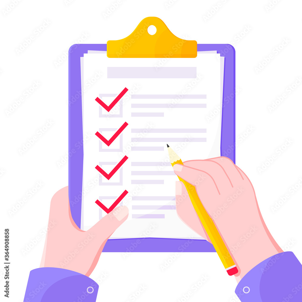 Poster hand hold clipboard with complete checklist flat style design icon sign vector illustration isolated