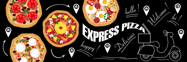 Affiche ou bannière pour des livraisons de pizzas sur un fond de tableau noir.