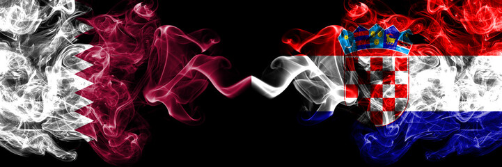 Qatar vs Croatia, Croatian smoky mystic flags placed side by side. Thick colored silky abstract...