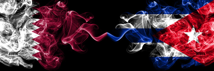 Qatar vs Cuba, Cuban smoky mystic flags placed side by side. Thick colored silky abstract smoke flags.