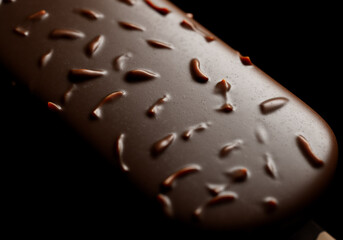 Close-up view of a chocolate ice cream popsicle on a stick covered with nuts, almond, hazelnut. Studio lighting. Black background. 3D realistic rendering illustration.
