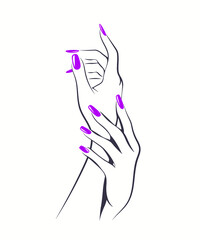Nails art logo.Woman hands with elegant purple color nail polish manicure.Nail salon illustration.Cosmetics icon isolated on white background.