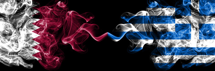 Qatar vs Greece, Greek smoky mystic flags placed side by side. Thick colored silky abstract smoke flags.