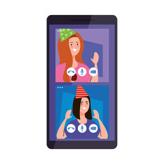 women with party hat and wine cup on smartphone design, Happy birthday and video chat theme Vector illustration