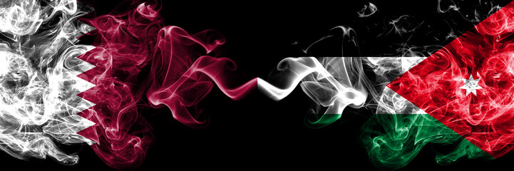 Qatar vs Jordan, Jordanian smoky mystic flags placed side by side. Thick colored silky abstract smoke flags.