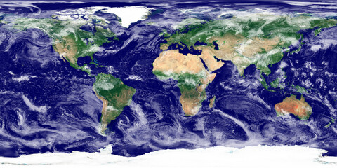 World texture. Satellite image of the Earth. High resolution texture of the planet with relief shading (land topography) and atmosphere (clouds). Realistic and detailed world texture (physical map). - 364910470