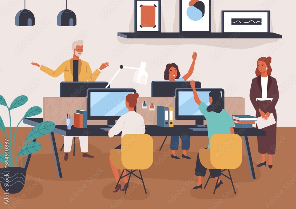 Aufkleber Friendly colleagues taking part in voting raising hand at modern co working space vector flat illustration. Group of smiling employees discussing work together. People sitting at desk with computers