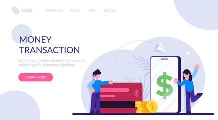 Concept of Financial transactions. Non-cash payment transactions. Pos-terminal and payment systems, currency, coins, NFC payment system. Modern flat illustration.