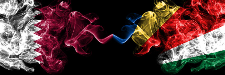Qatar vs Seychelles, Seychelloise smoky mystic flags placed side by side. Thick colored silky abstract smoke flags.