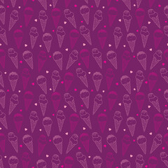Seamless pattern of ice cream line art on purple background
